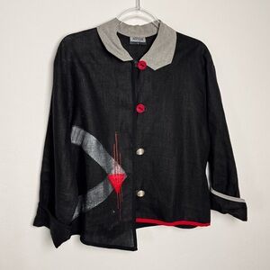 Alissa Women's Linen/Tencel red/Black Artsy Blazer Size L vintage art to wear